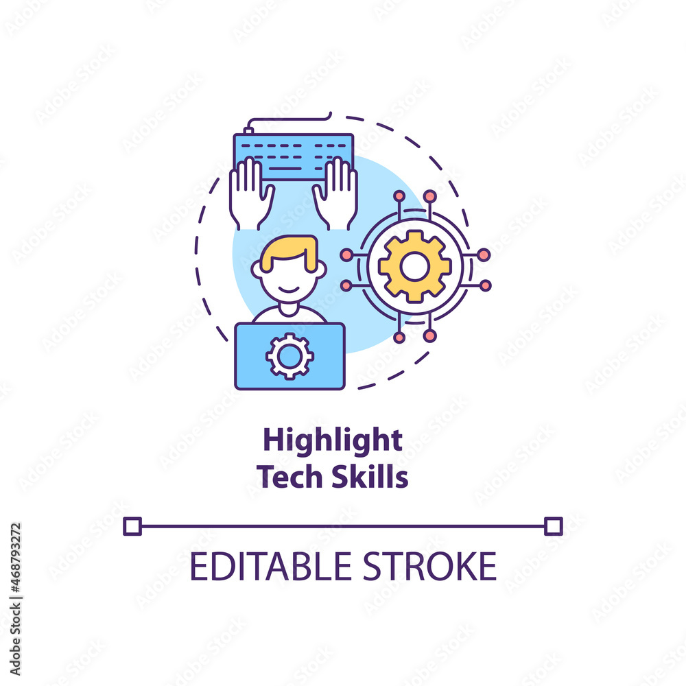 Highlight tech skills concept icon. Writing cv abstract idea thin line illustration. Technical knowledge and experience. Software proficiency. Vector isolated outline color drawing. Editable stroke Highlight tech skills concept icon. Writing cv abstract idea thin line illustration. Technical knowledge and experience. Software proficiency. Vector isolated outline color drawing. Editable stroke