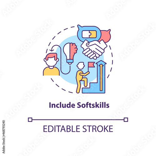 Include softskills concept icon. Writing cv abstract idea thin line illustration. Highlight communication skills in resume. Teamwork ability. Vector isolated outline color drawing. Editable stroke