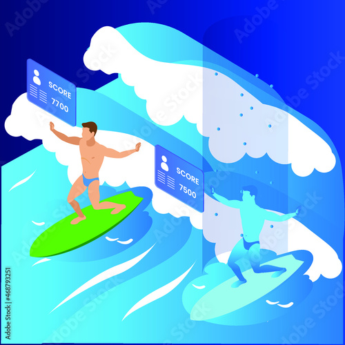 Surfing virtual reality in metaverse 3d isometric vector illustration concept for banner, website, landing page, ads, flyer template