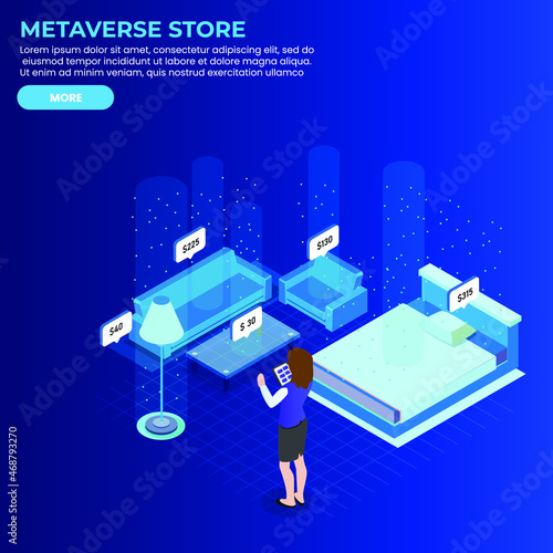 Woman shops furniture in a metaverse virtual reality store 3d isometric vector illustration concept for banner, website, landing page, ads, flyer template