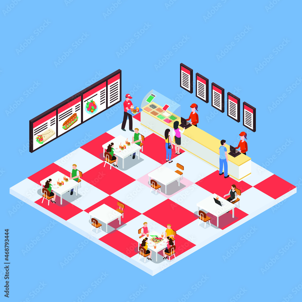 Obraz premium Fast food sandwich restaurant 3d isometric vector illustration concept for banner, website, landing page, ads, flyer template