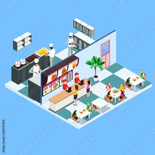 Commercial kitchen with chefs cooking 3d isometric vector illustration concept for banner, website, landing page, ads, flyer template