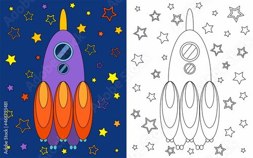 Coloring rocket in space, coloring book for preschool children with easy educational game level. Simple linear design.