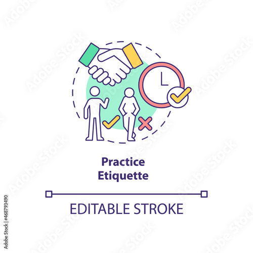 Practice etiquette concept icon. Preparing for job interview abstract idea thin line illustration. Be polite and positive. Watch body language. Vector isolated outline color drawing. Editable stroke