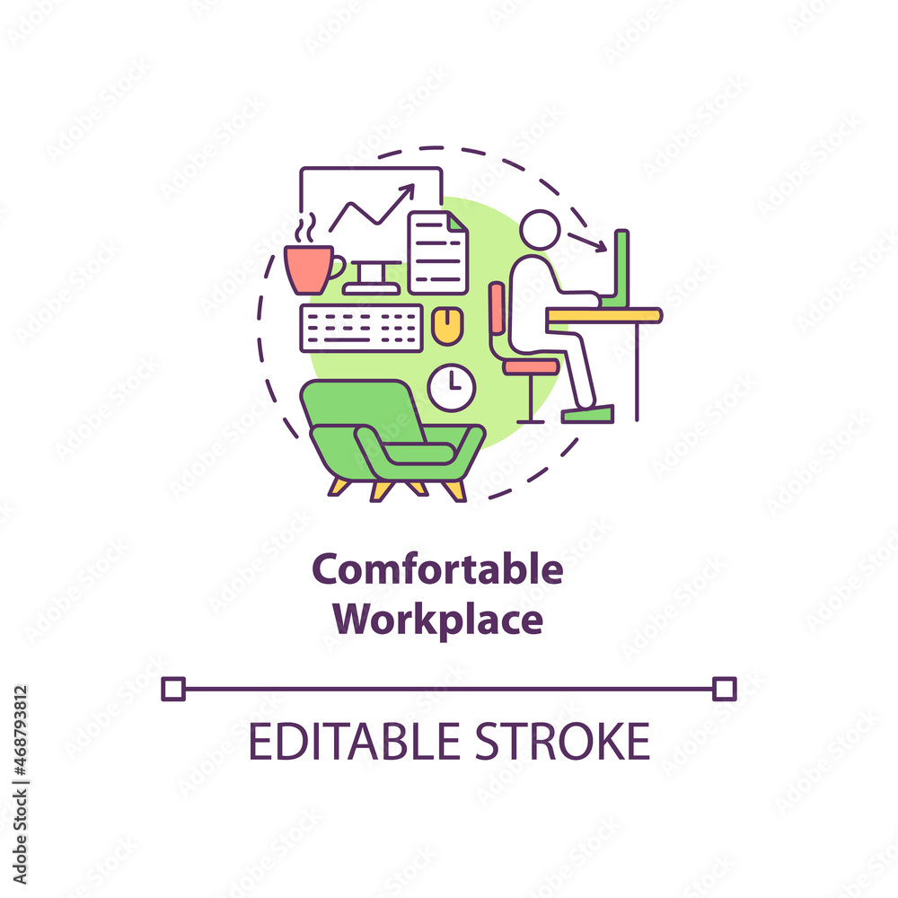 Comfortable workspace concept icon. Employee perks abstract idea thin line illustration. Workspace environment. Work benefits. Vector isolated outline color drawing. Editable stroke