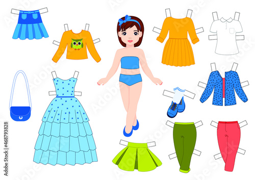 Paper doll with clothes set. Cute girl. Template for cutting.