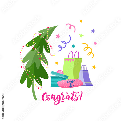 Greeting card with Christmas tree, gift boxes and lettering. Colorful vector isolated illustration on the white background.