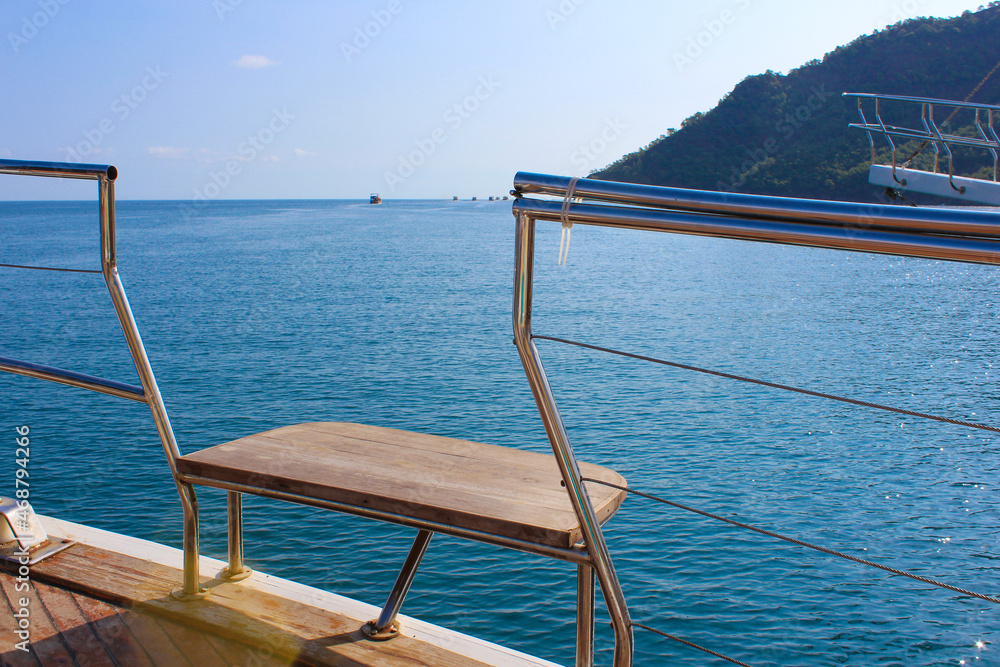 Yacht on the shore of the cozy bay of Adrasan, near Antalya and Kemer, Turkey