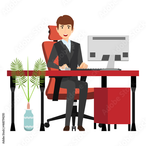 Cute businessman freelancer character siting on modern home office desk with table chair with house plants isolated