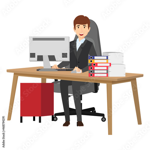 Cute businessman freelancer character siting on modern home office desk with table chair with some paper pile file folders drawer cabinet