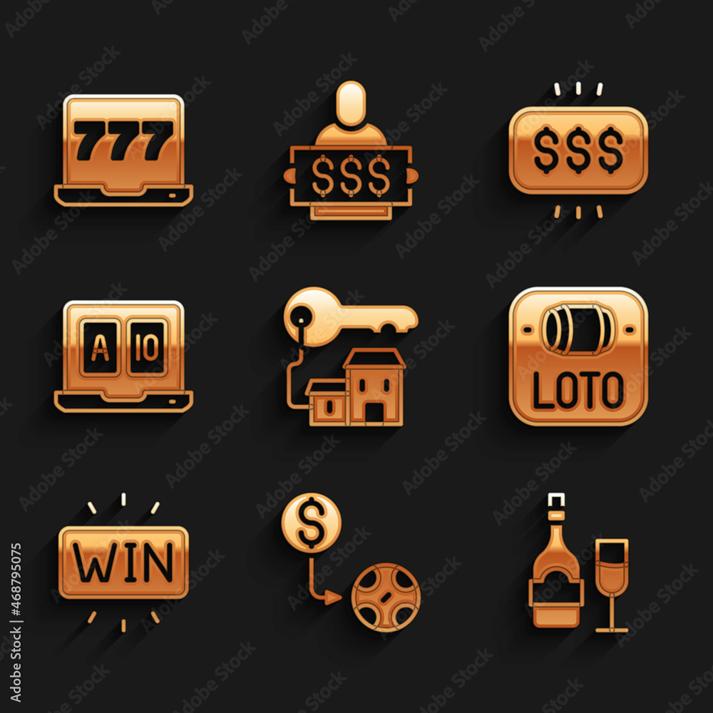 Set Winning house with key, Casino chips exchange, Champagne bottle glass, Lottery ticket, win, Online poker table game, Money prize casino and Laptop and slot machine icon. Vector Set Winning house with key, Casino chips exchange, Champagne bottle glass, Lottery ticket, win, Online poker table game, Money prize casino and Laptop and slot machine icon. Vector
