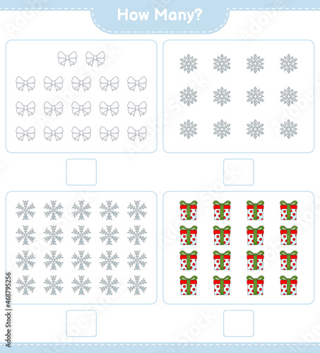 Counting game  how many Ribbon  Snowflake  and Gift Box. Educational children game  printable worksheet  vector illustration