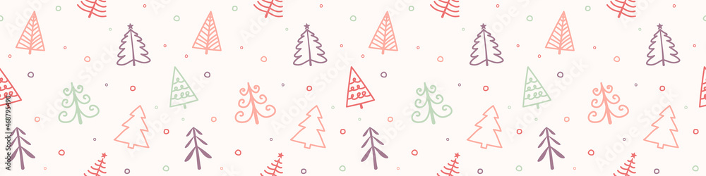 Christmas pattern with hand drawn trees. Panoramic header. Vector