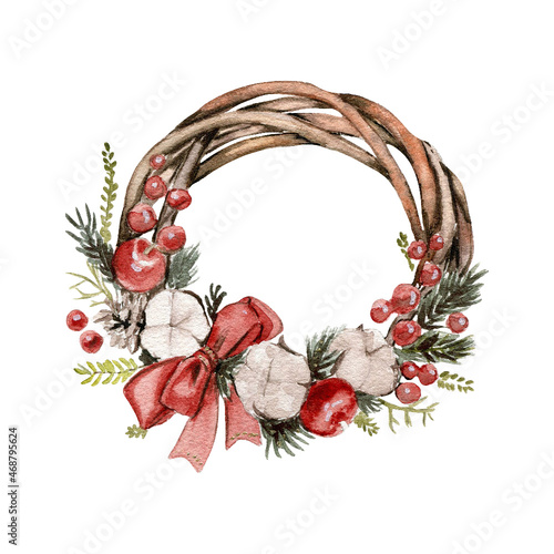 Watercolor Cristmas cotton wreath , house, flowers, berries, lamp , cliparr , set