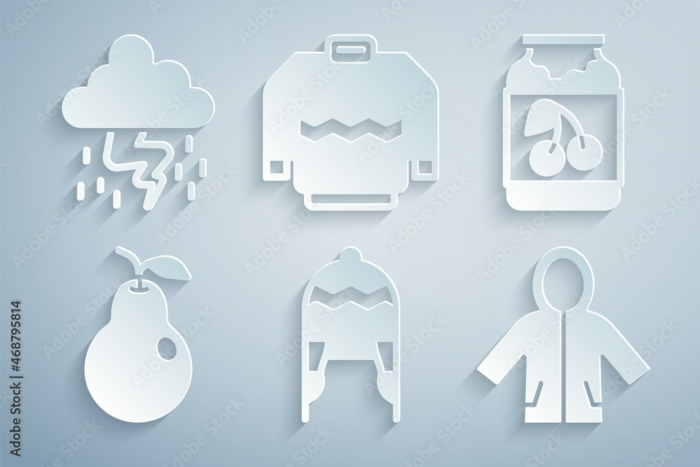 Set Winter hat, Jam jar, Pear, Raincoat, Sweater and Storm icon. Vector Set Winter hat, Jam jar, Pear, Raincoat, Sweater and Storm icon. Vector