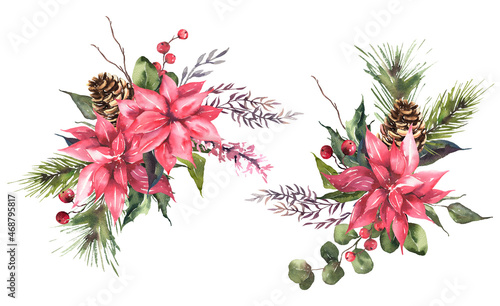 Watercolor Christmas invitation design. Watercolor winter bouquets for holidays design. Berries, flowers, leaves, pine cones. High quality illustration