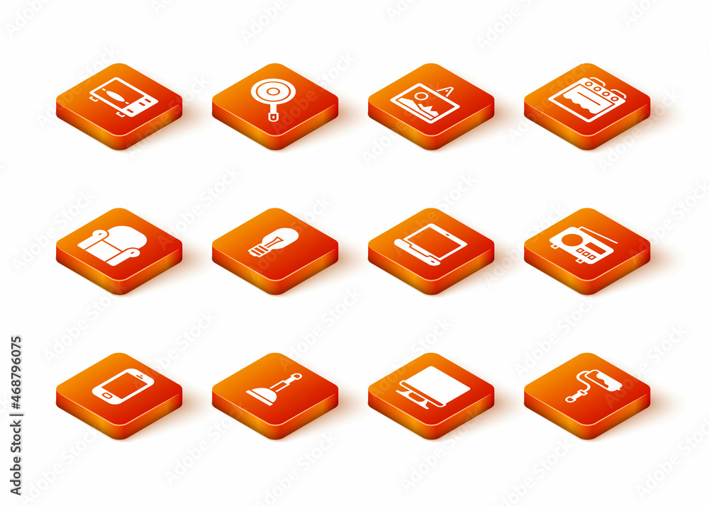 Set Mobile phone, Rubber plunger, Armchair, Light bulb, Smart Tv, Laptop, Paint roller brush and Radio icon. Vector Set Mobile phone, Rubber plunger, Armchair, Light bulb, Smart Tv, Laptop, Paint roller brush and Radio icon. Vector