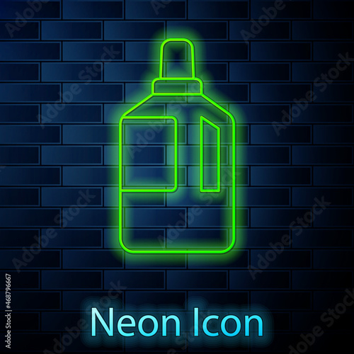 Glowing neon line Fabric softener icon isolated on brick wall background. Liquid laundry detergent, conditioner, cleaning agent, bleach. Vector Illustration