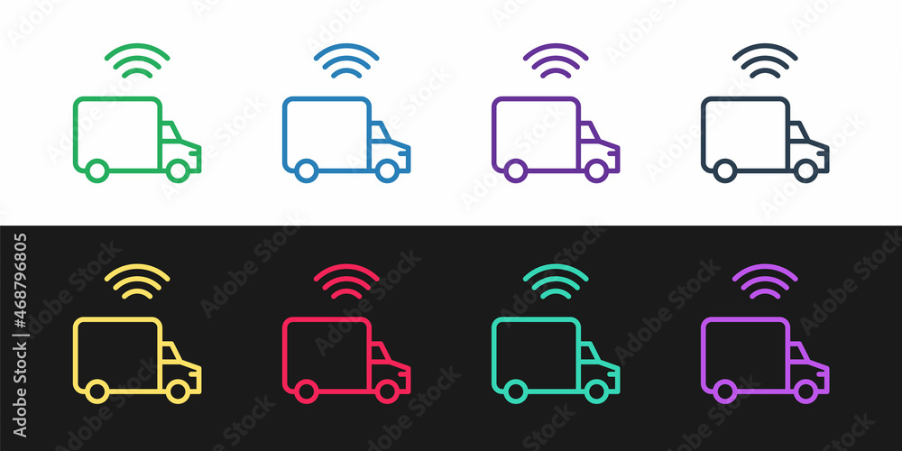 Set line Smart delivery cargo truck vehicle with wireless connection icon isolated on black and white background. Vector Set line Smart delivery cargo truck vehicle with wireless connection icon isolated on black and white background. Vector