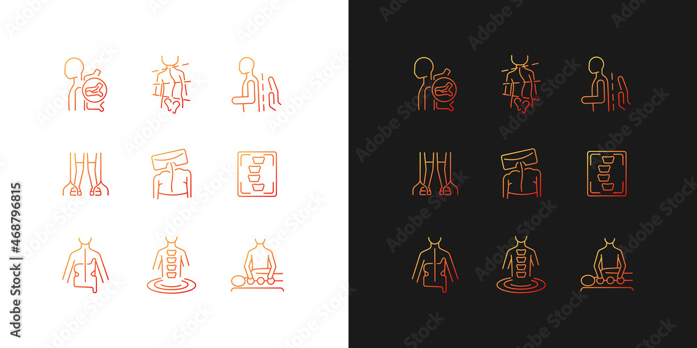 Scoliosis diagnostics gradient icons set for dark and light mode. Spinal bones problems. Thin line contour symbols bundle. Isolated vector outline illustrations collection on black and white