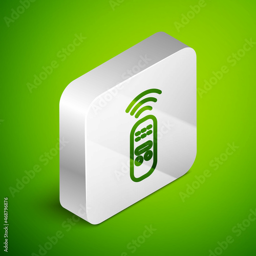 Isometric line Smart remote control system icon isolated on green background. Internet of things concept with wireless connection. Silver square button. Vector