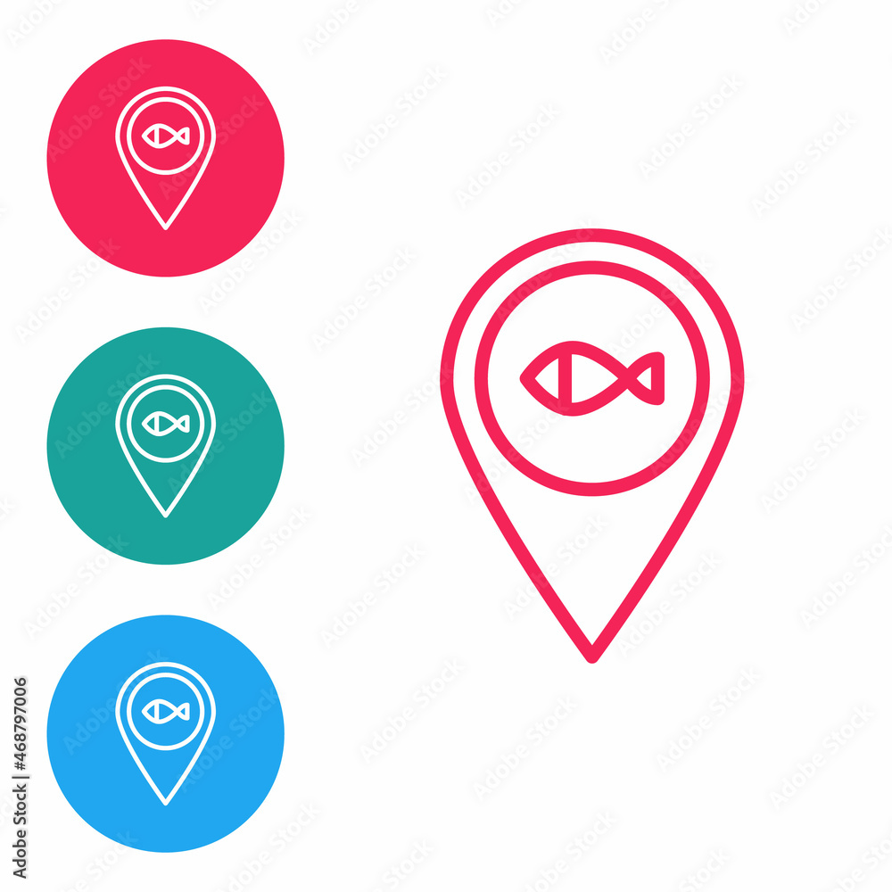Red line Location fishing icon isolated on white background. Fishing place. Set icons in circle buttons. Vector Red line Location fishing icon isolated on white background. Fishing place. Set icons in circle buttons. Vector