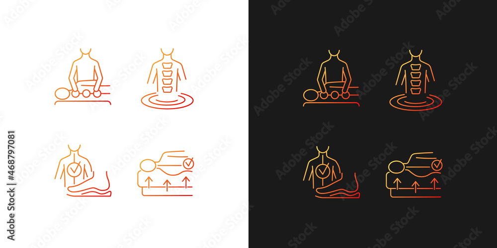 Spine problems prevention gradient icons set for dark and light mode. Orthopedic spine mattress. Thin line contour symbols bundle. Isolated vector outline illustrations collection on black and white