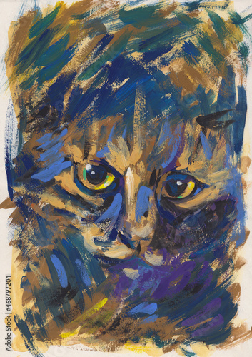 Abstract painting of cute cat in impressionist style. Adorable tabby kitty drawing for card, wall decoration, print. Original vertical artwork. Real brush texture. Vibrant bright illustration.