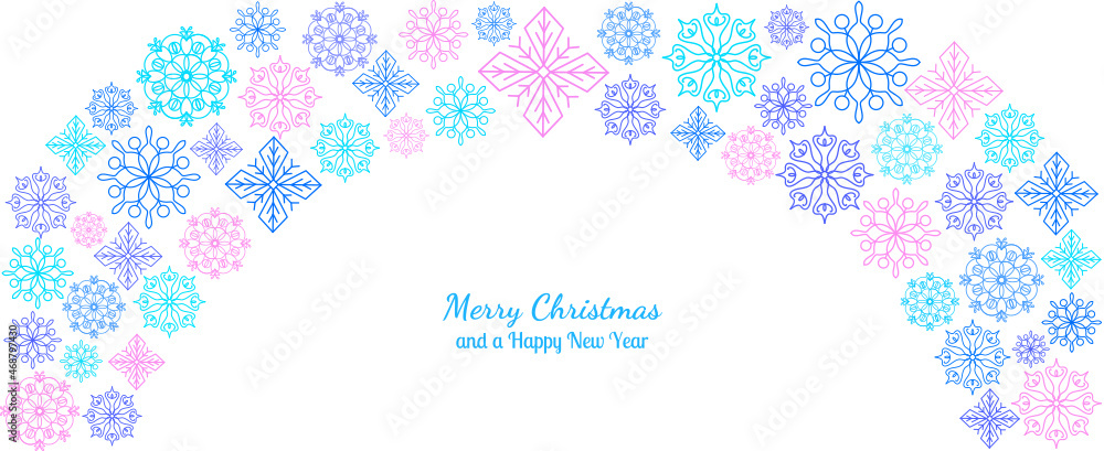 Vector Christmas and New Year Greeting Banner with Blue and Purple Snowlfakes on White Background. Vector Christmas and New Year Greeting Banner with Blue and Purple Snowlfakes on White Background.