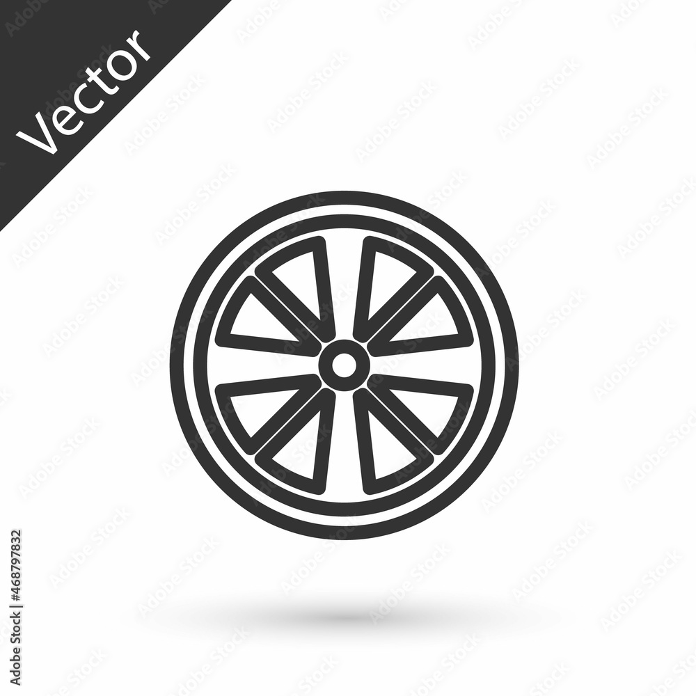 Grey line Alloy wheel for a car icon isolated on white background. Vector