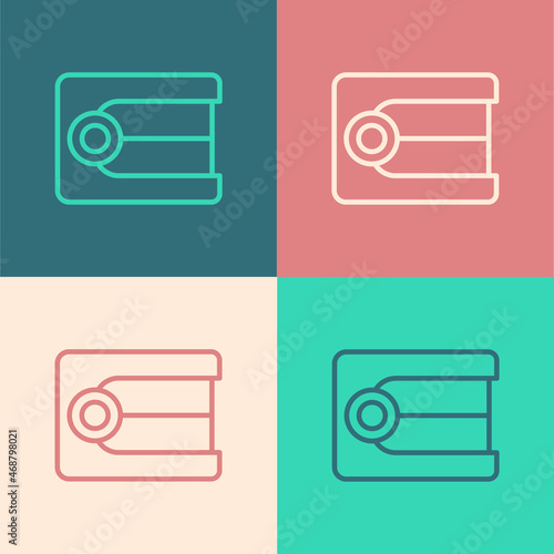 Pop art line Dentures model icon isolated on color background. Dental concept. Vector
