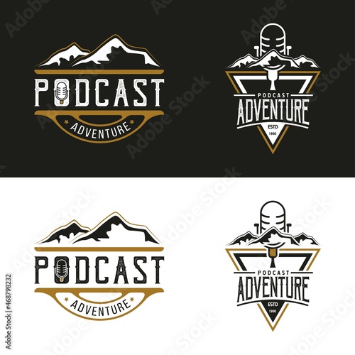 Adventure Podcast Logo Design. With mic, microphone, and mountain icon on a black background. Vintage, Luxury, and Premium Logo
