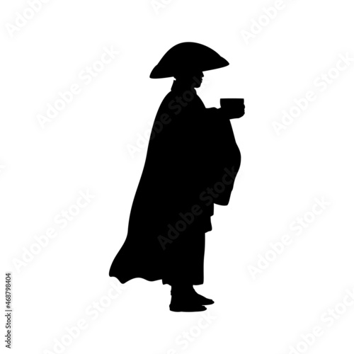 Silhouette traditional Japanese Buddhist monk with donation bowl.
