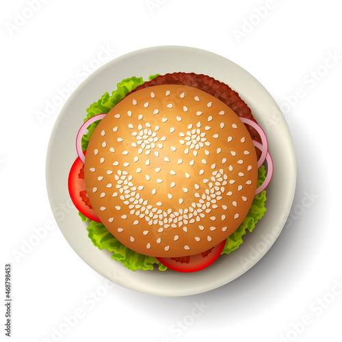 Hamburger with happy smiling face made from sesame seeds