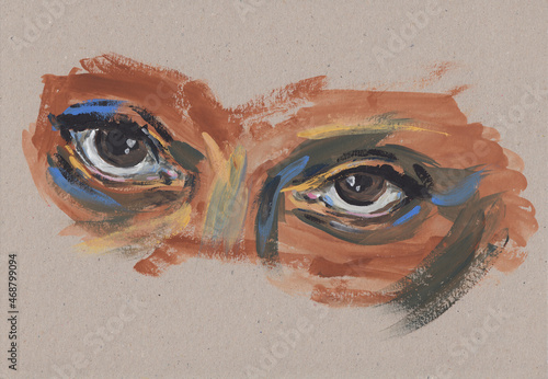 Acrylics painting of vibrant hazel eyes in impressionist style. Original bright artwork with real brush texture. Beautiful portrait drawing for greeting card, wall decoration, poster, fabric print.