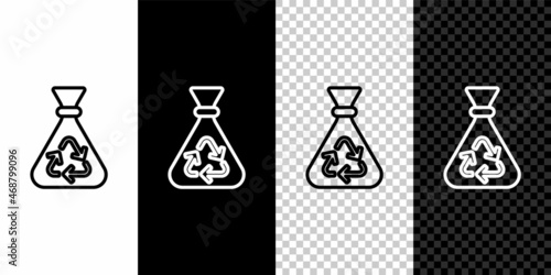 Set line Garbage bag with recycle symbol icon isolated on black and white background. Trash can icon. Recycle basket sign. Vector