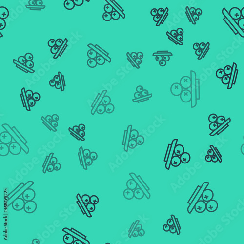 Black line Olives on plate icon isolated seamless pattern on green background. Vector