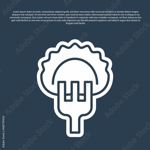 Blue line Dumplings on fork icon isolated on blue background. Pierogi, varenyky, pelmeni, ravioli. Traditional Ukrainian food. Vector