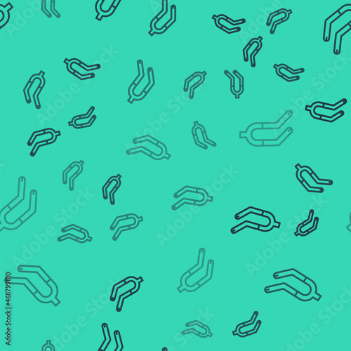 Black line Bicycle suspension fork icon isolated seamless pattern on green background. Sport transportation spare part steering wheel. Vector