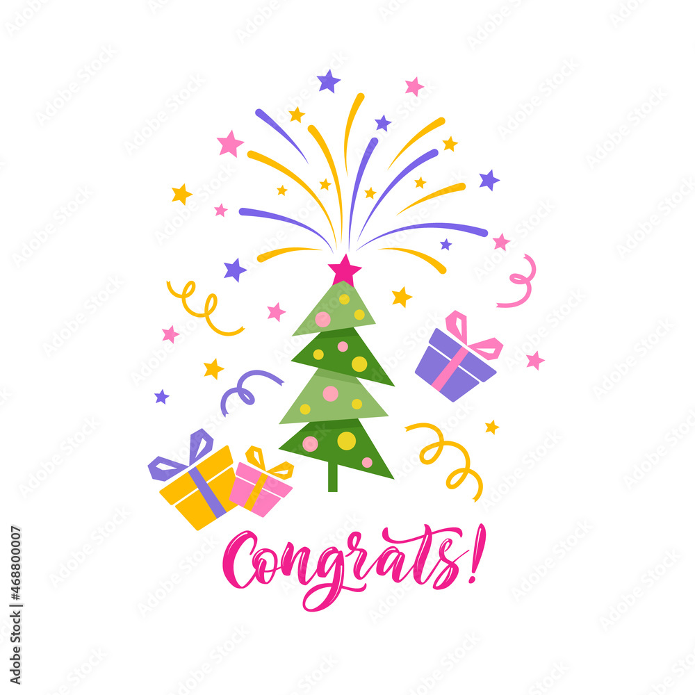 Greeting card with Christmas tree, gift boxes, fireworks and lettering. Colorful vector isolated illustration on the white background. Greeting card with Christmas tree, gift boxes, fireworks and lettering. Colorful vector isolated illustration on the white background.