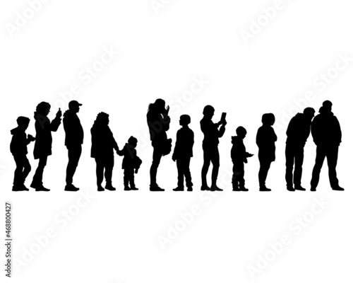 Big crowds people on street. Isolated silhouette on a white background