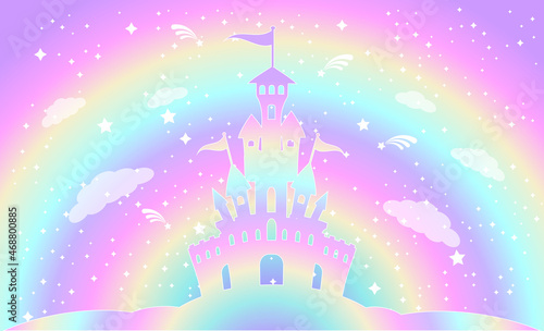 Silhouette of a magic castle on a background of a rainbow sky with stars.