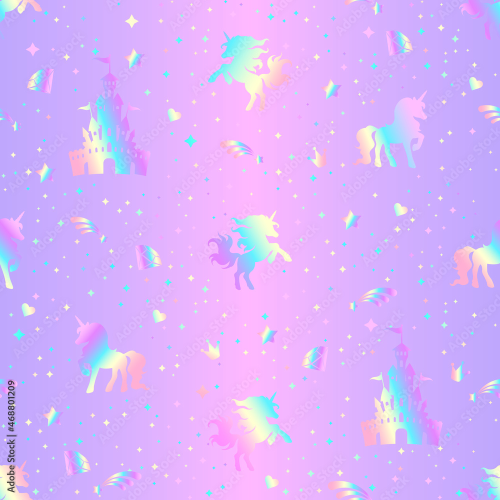 Rainbow seamless pattern with unicorns, hearts, crowns and stars on a holographic background.