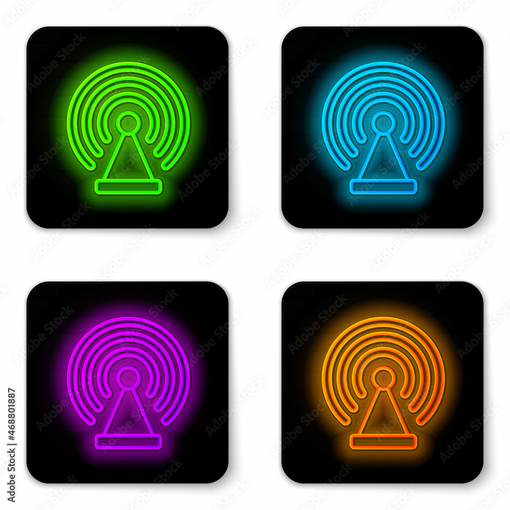 Glowing neon line Radar icon isolated on white background. Search system. Satellite sign. Black square button. Vector Glowing neon line Radar icon isolated on white background. Search system. Satellite sign. Black square button. Vector