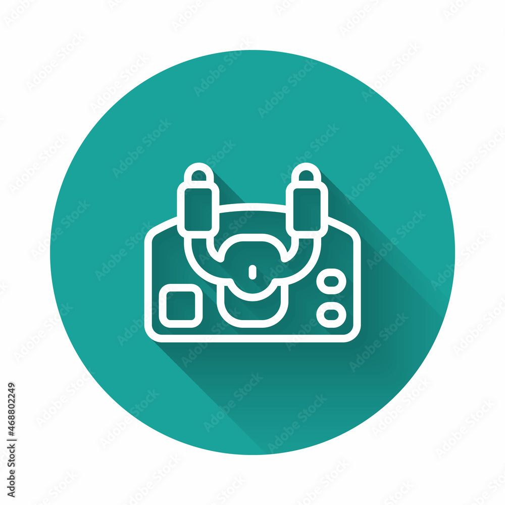 White line Aircraft steering helm icon isolated with long shadow background. Aircraft control wheel. Green circle button. Vector White line Aircraft steering helm icon isolated with long shadow background. Aircraft control wheel. Green circle button. Vector