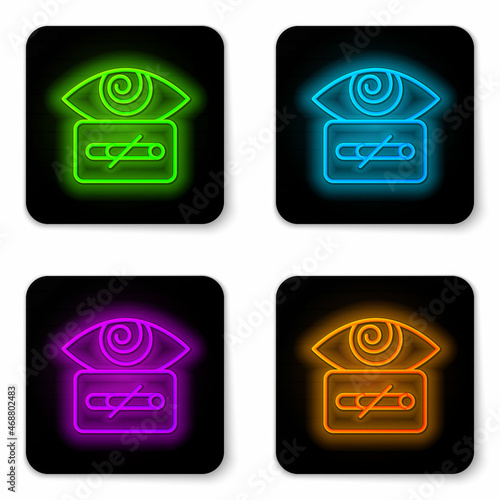 Glowing neon line Hypnosis icon isolated on white background. Human eye with spiral hypnotic iris. Black square button. Vector