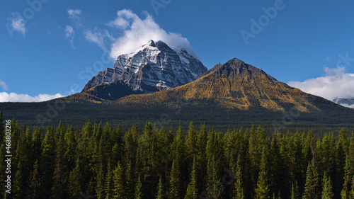 Beautiful view of majestic Mount Temple in Banff National Park, Alberta, Canada with snow-capped peak, yellow colored larch trees and forest in front.