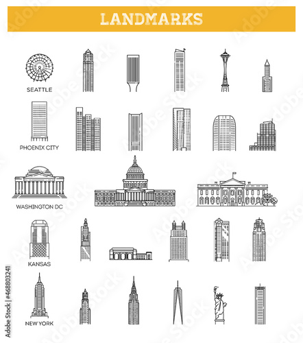 Simple linear Vector icon set representing global tourist american landmarks and travel destinations for vacations