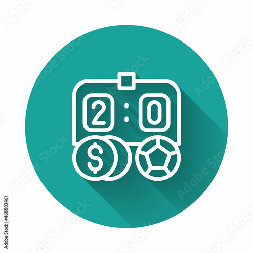 White line Soccer football betting money icon isolated with long shadow background. Football bet bookmaker. Soccer betting online make money. Green circle button. Vector