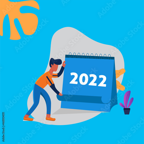 Background vector illustration. people with calender ready for new year 2022. Landing page site print poster
